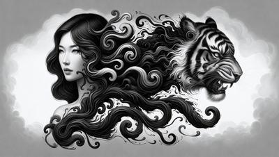 The primary subject of the image is a woman with long, flowing hair. She is depicted with a tiger's head, creating a unique and striking visual effect. The setting is a cloudy sky, which serves as the backdrop for the woman and the tiger's head. The visual style of the image is a combination of digital art and illustration, with the woman's hair and the tiger's head being the main focus of the artwork. The colors and mood of the image are predomin